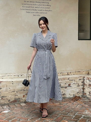 Baguette Collar Check Double Long One Piece (Belt Set)